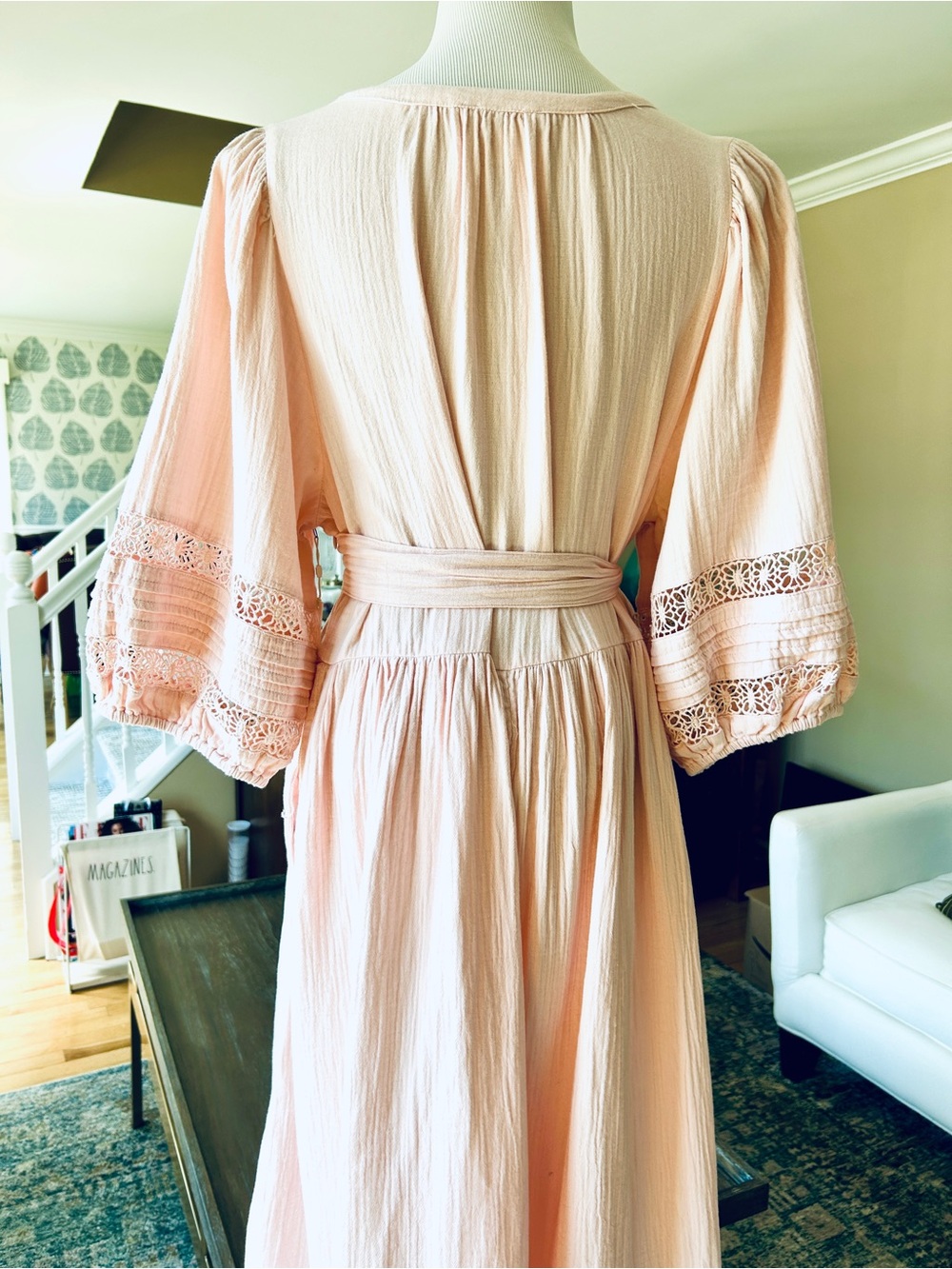 Caslon Pink Cotton Gauze Maxi Dress Puff Sleeve Crochet Lace Pintuck XL NWT - Picture 11 of 16